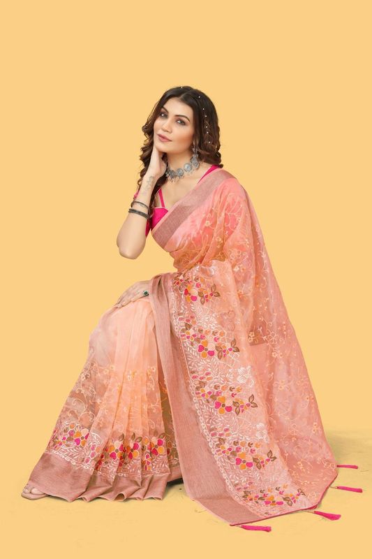 Orange Wevon Jari Patta & Embroidery & Stone Work Organza Silk Saree