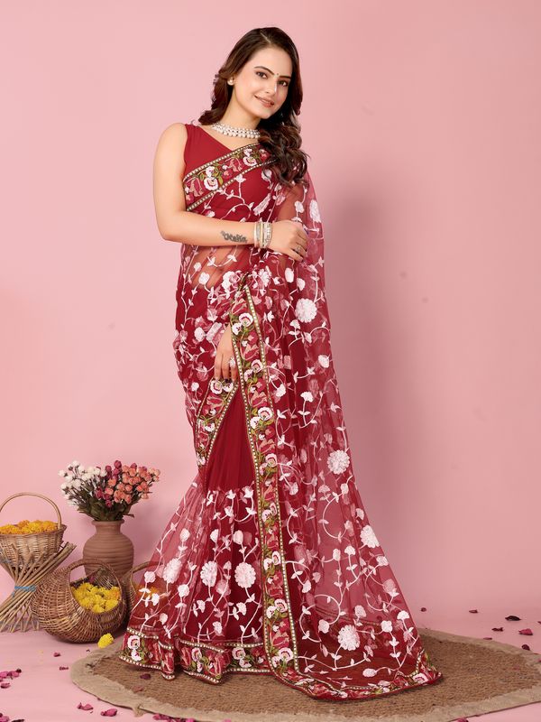 Maroon Multy Thread Embroidery Work Soft Net Saree