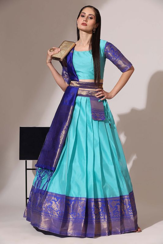 Light Blue Lichi Silk Jacquard Work Lehenga