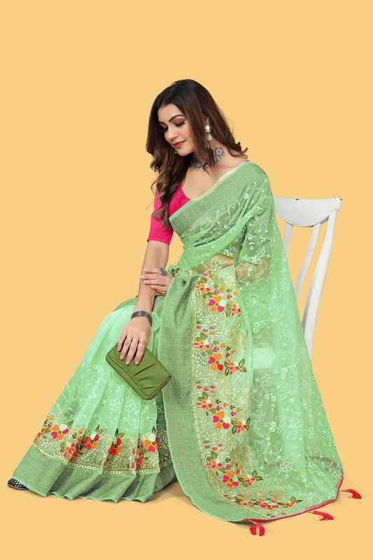 Green Wevon Jari Patta & Embroidery & Stone Work Organza Silk Saree