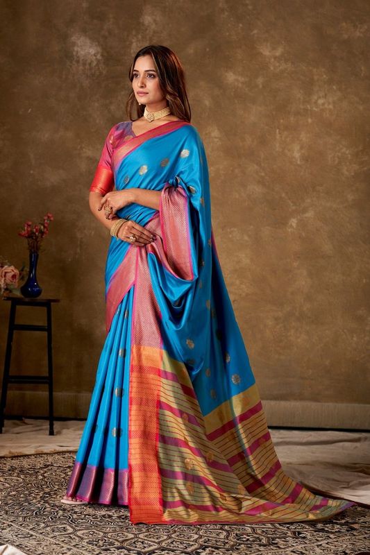 Blue Cotton Woven Saree and Stitched Pink Blouse