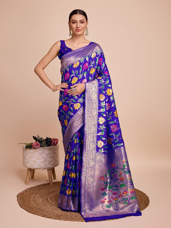 Blue Weaving Meenakari Designer Paithani Silk Saree