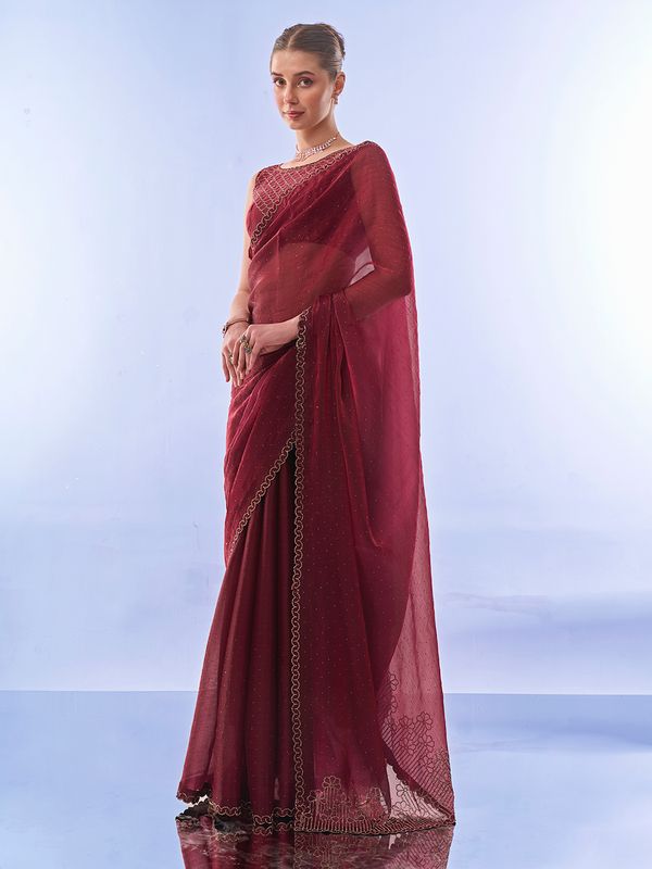 Maroon Designer Work Lace Border & Swarovski Work Burburry Saree