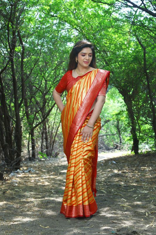 Yellow Wevon Jari Laheriya Designer Soft Silk Saree
