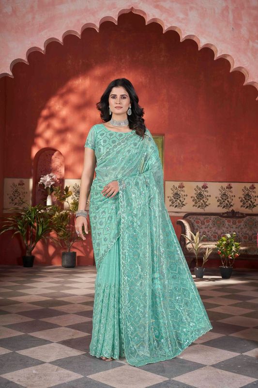 Sea Green Sequance & Thread & Pite Embroidery Work Tissue Net Saree