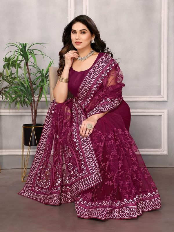 Wine Designer Thread Embroidery Work Soft Net Saree