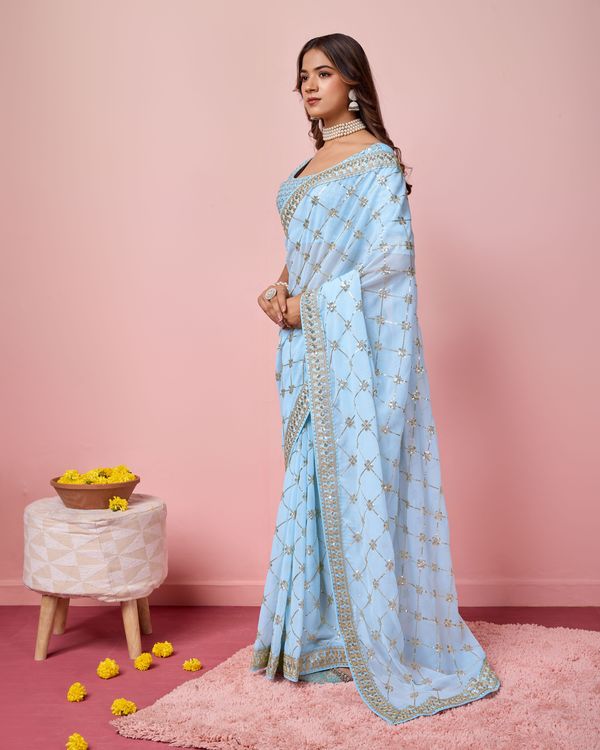 Sky Blue Designer Coding & Sequance Embroidery Work Georgette Saree