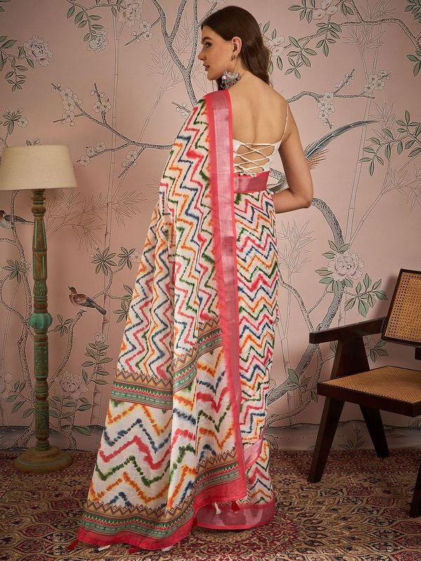 Off White Color Digital Printed Designer Linen Fabric Graceful Saree