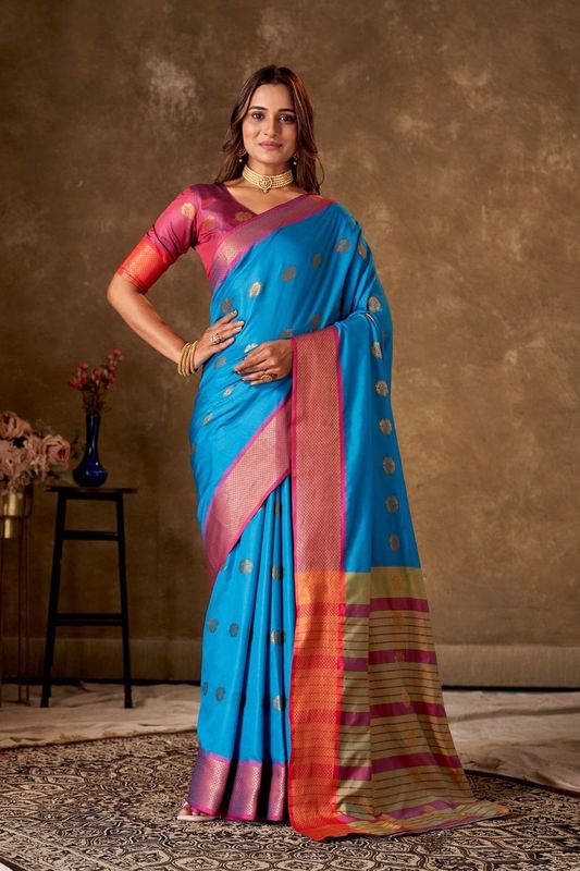 Blue Cotton Woven Saree and Stitched Pink Blouse
