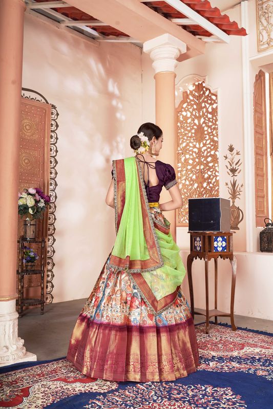 Multi Lichi Silk Printed & Jacquard Work Lehenga