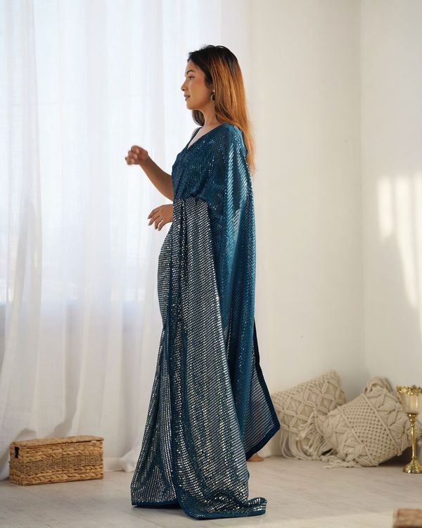 Petrol Designer Sequance Embroidery Work Georgette Saree