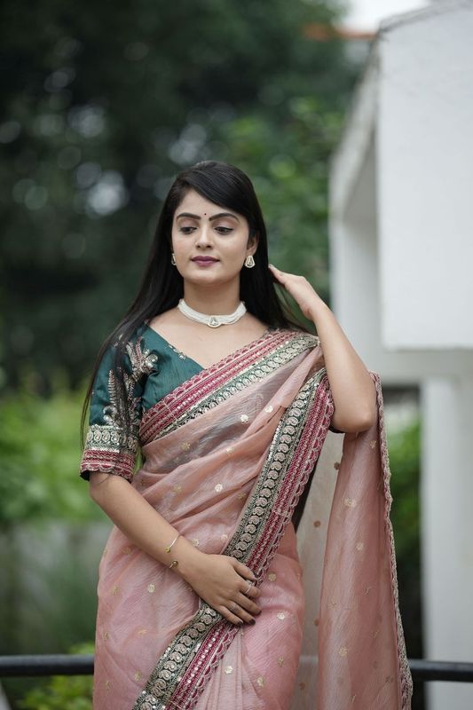 Pink Sequance Embroidery Work Banarasi Crush Saree