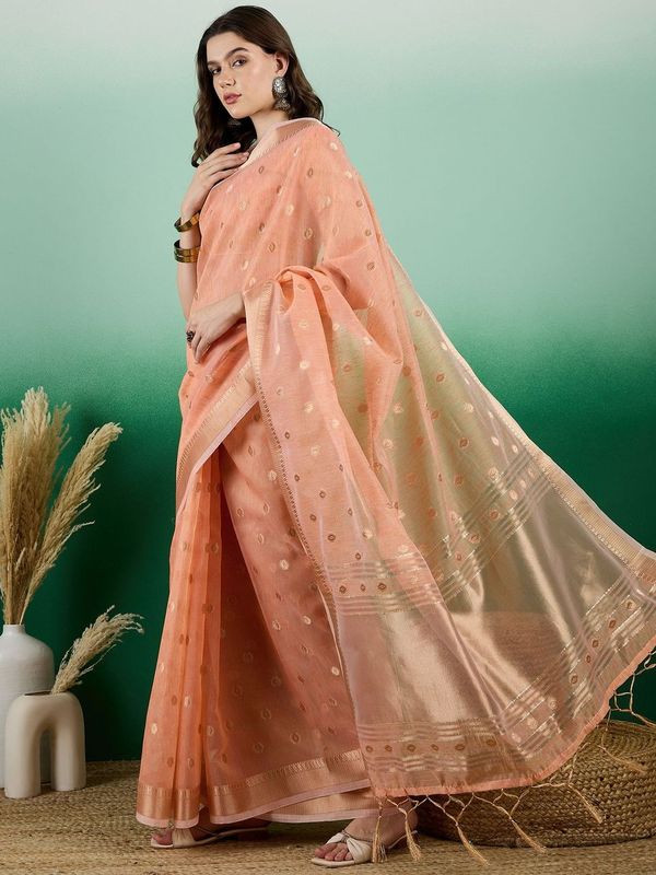 Orange Wevon Jacquard Designer Khadi Organza Saree