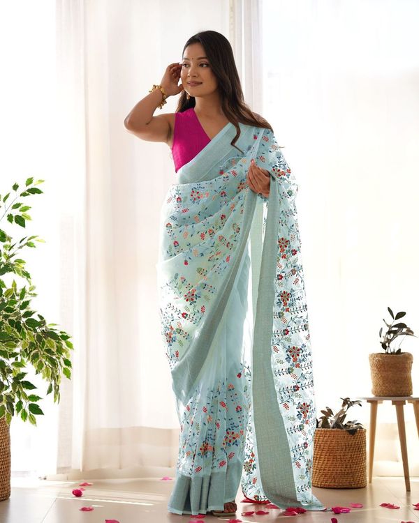 Grey Wevon Patta & Thread & Dori & Jari Embroidery Work Organza Saree