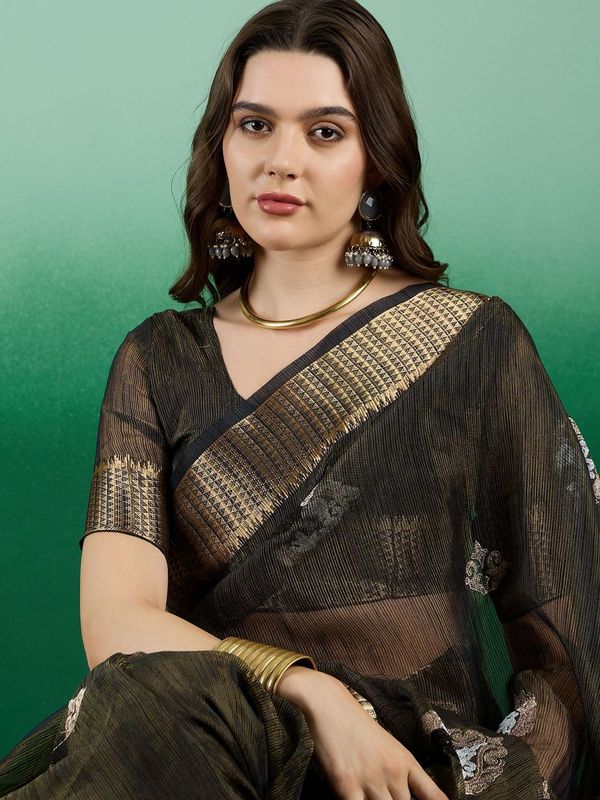 Blue Wevon Designer & Embroidery Work Khadi Organza Saree