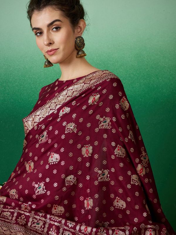 Wine Wevon Jacquard Designer Staple Dola Cotton Saree