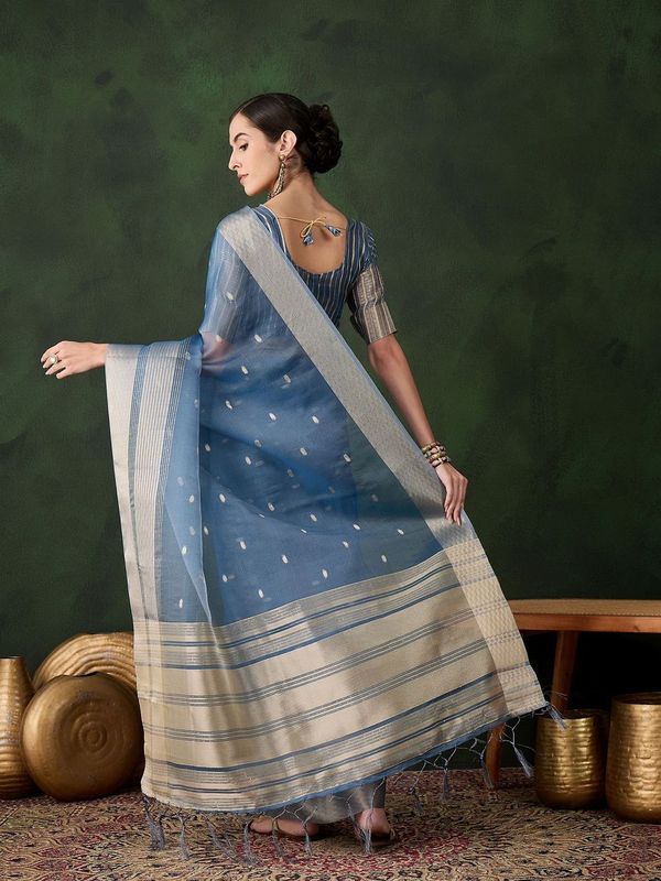Teal Wevon Designer Khadi Organza Saree