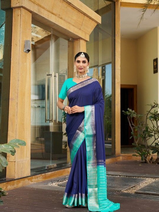 Blue Crepe Woven Saree and Stitched Rama Blouse