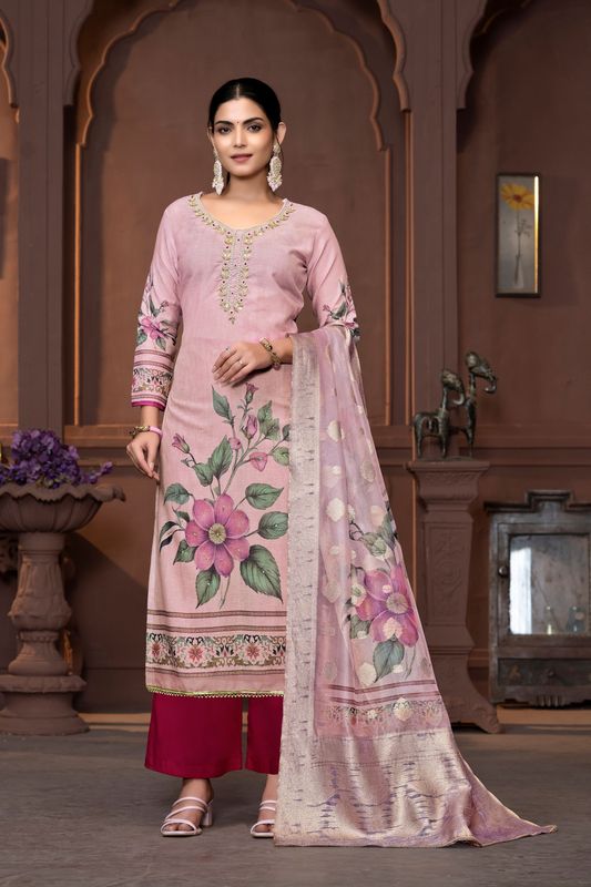 Pink Cembric Cotton Wevon Designer With Printed And Hand Work Graceful Wedding Wear Salwar Kameez