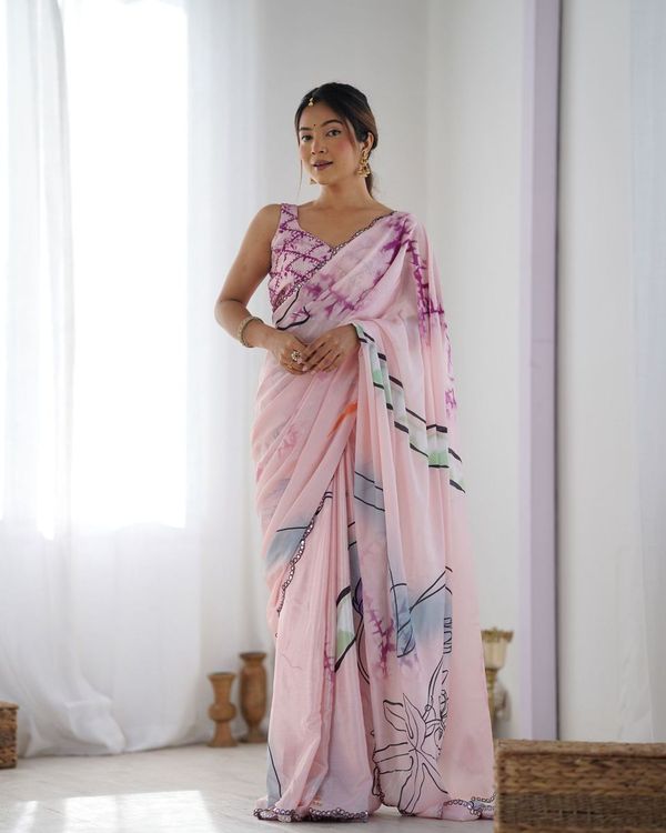 Pink Color Beautiful Chinon fabric Digital Printed Saree With Mirror Cut Work
