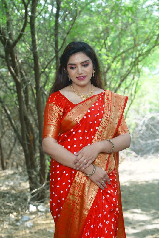Maroon Wevon Jari Heavy Designer & Bandhej Work Kanjivaram Silk Saree