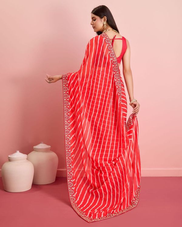 Red Laheriya Printed & Embroidery Work Lace Border Georgette Saree