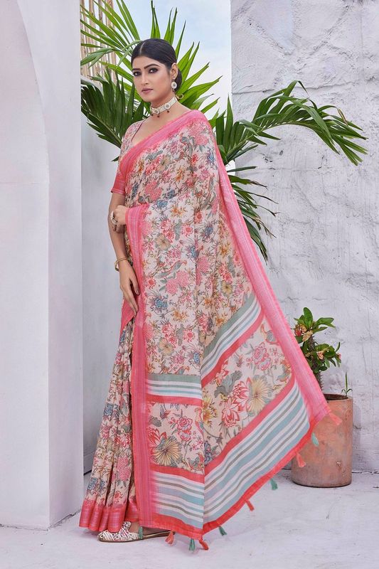 Off White Color Linen Blend Digital Printed Designer For Graceful Festive Looks