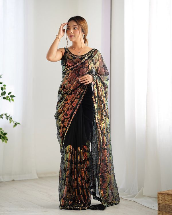 Black Color Mono Net Beautiful Bollywood Saree With Designer Sequins Work