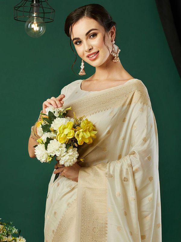 Cream Wevon Jacquard Designer Nylon Banarasi Saree