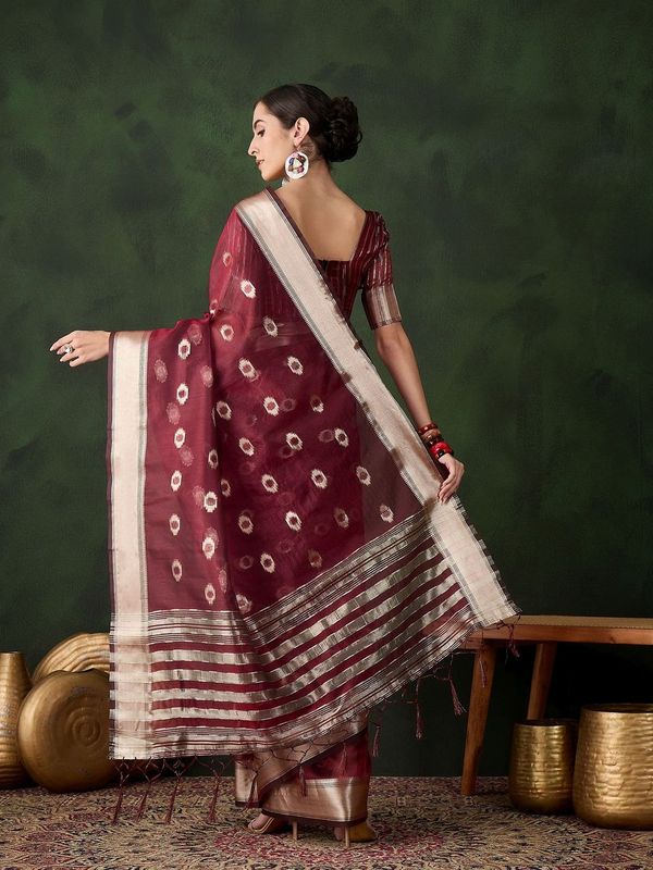 Maroon Wevon Jacquard Designer Khadi Organza Saree
