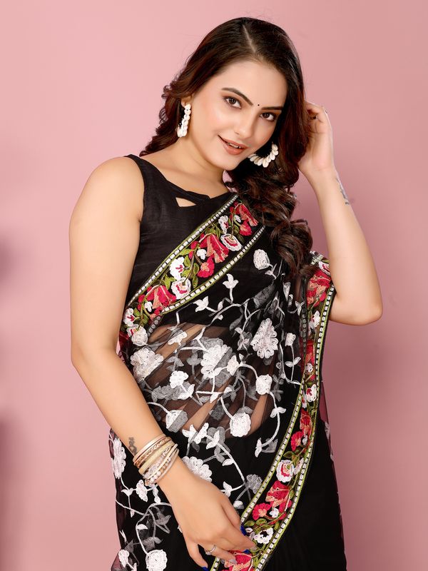 Black Multy Thread Embroidery Work Soft Net Saree