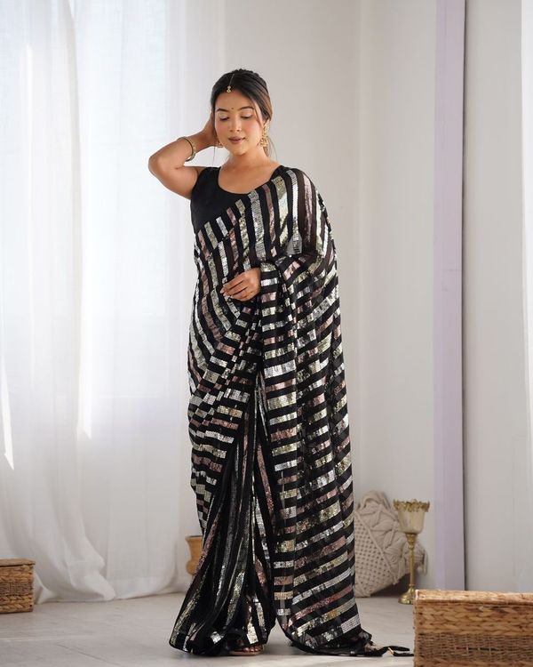 Black Sequance Embroidery Work Border Georgette Saree