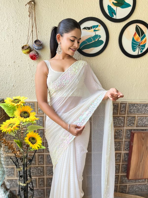 Off White Heavy Sequance Embroidery Work Georgette Saree