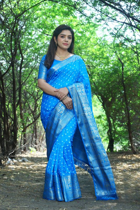 Blue Wevon Jari Heavy Designer & Bandhej Work Kanjivaram Silk Saree