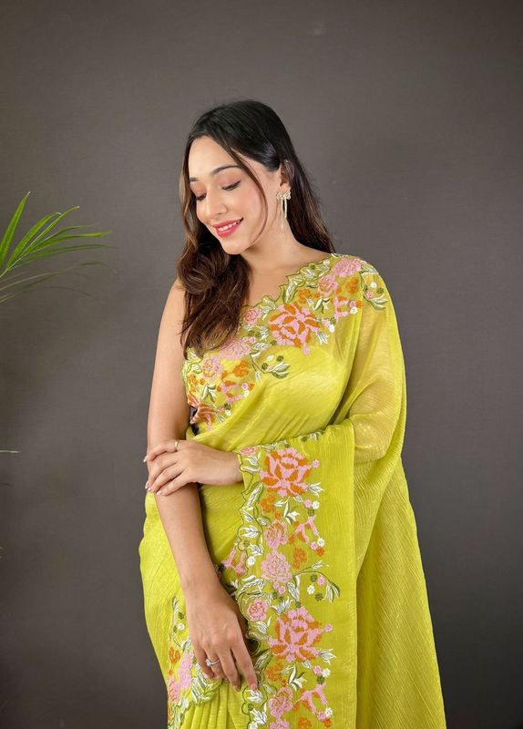 Green Cross Stich Embroidery Cut Work Glossy Silk Saree