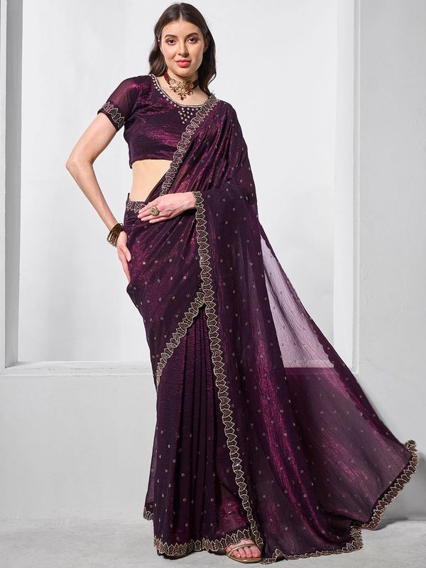 Wine Designer Embroidery Work Crunchy Chiffon Saree