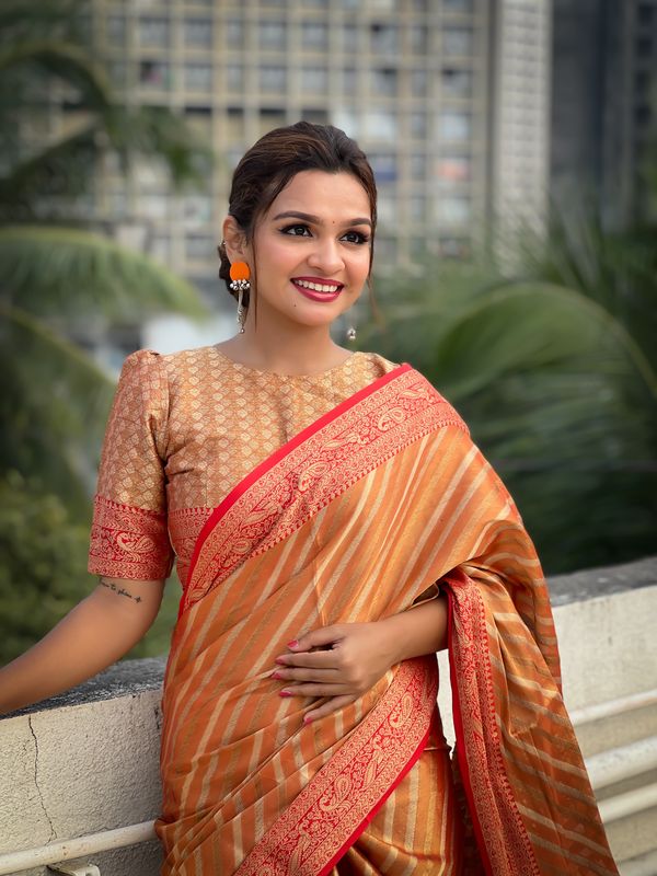 Orange Wevon Laheriya Designer Jari Tissue Saree