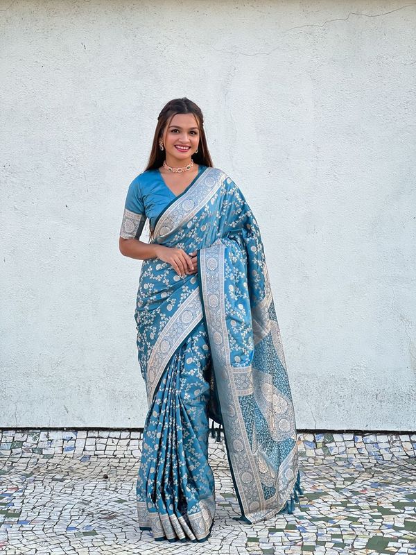 Blue Color Banarasi Silk Wevon Jari Designer Rich Looks Partywear Saree