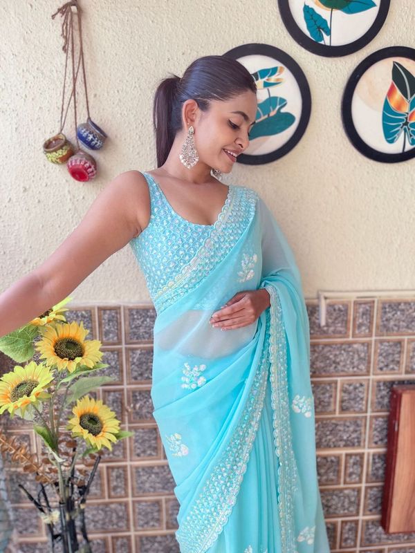 Sky Blue Sequance Embroidery Cut Work Georgette Saree