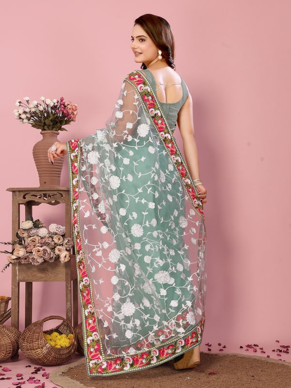 Grey Multy Thread Embroidery Work Soft Net Saree
