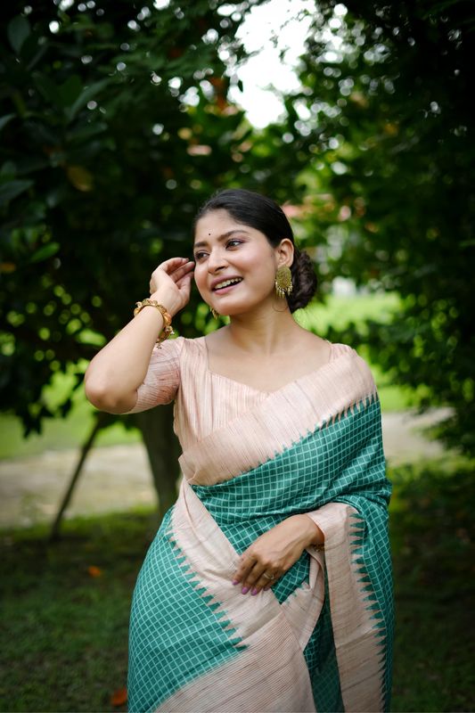 Sea Green Wevon Kantha Designer & Printed Tussar Silk Saree