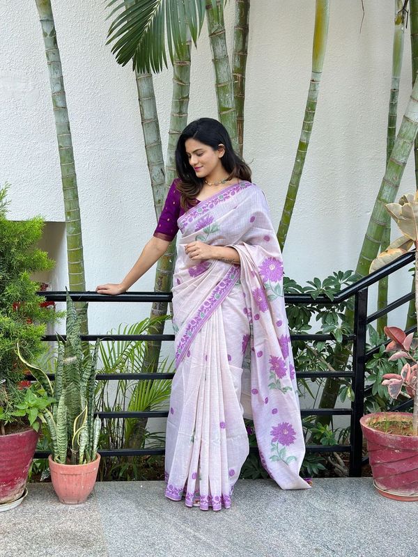 Rich Looks Floral Printed Off White Color Muga Cotton Saree For Sophisticated Looks