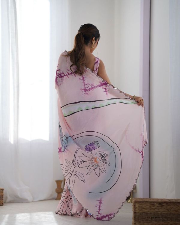 Pink Color Beautiful Chinon fabric Digital Printed Saree With Mirror Cut Work