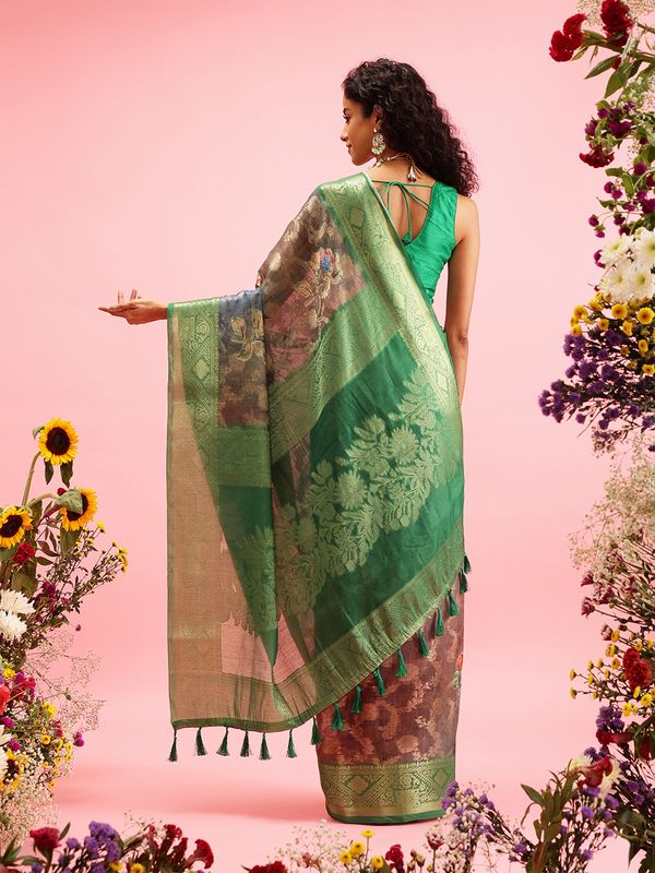 Green Digital Printed Banarasi Cotton Zari Woven Saree