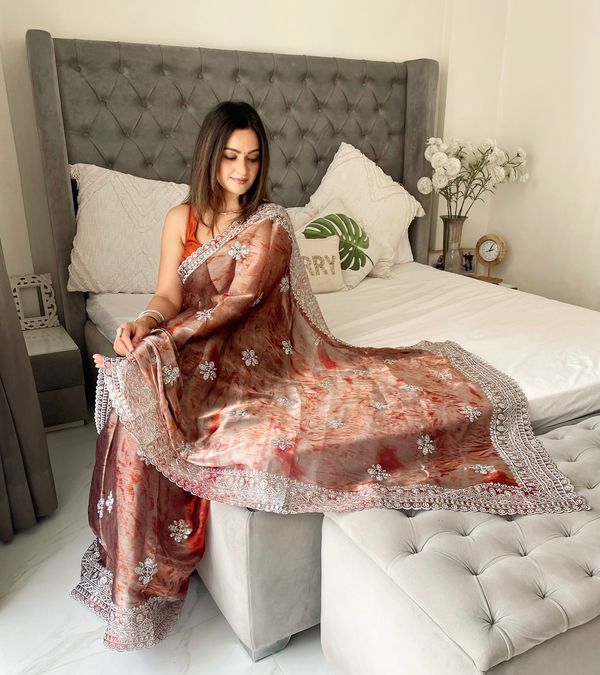 Orange Printed & Silver Jari Embroidery Work Jimmy Choo Saree