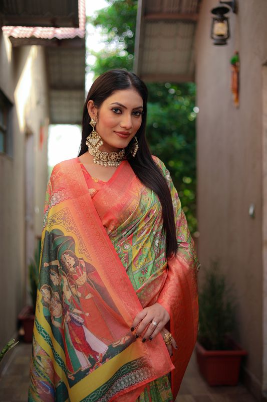 Orange Dola Silk Wevon Kanchi Border Designer Saree With Digital Kalamkari Print