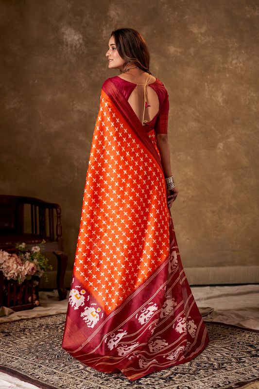 Orange Cotton Printed Saree and Stitched Maroon Blouse