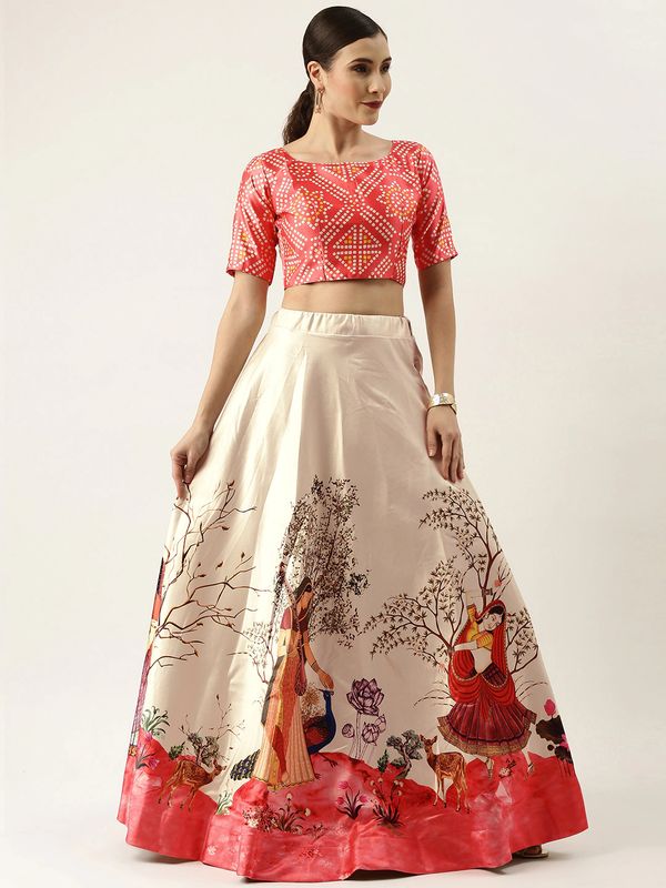 Digital Print Satin Silk Fabric Stitched Lehenga Choli With Jequared Blouse and Assami Silk Thread Work Dupatta For Women and Girls In Festive Party And Traditional Wear