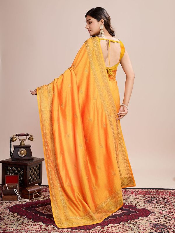 Mustard Designer Embroidery Work Vichitra Silk Saree