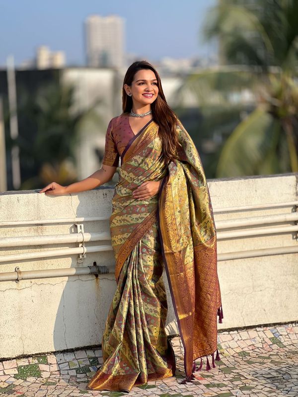 Brown Color Dharmavaram Silk Wevon Laheriya Meenakari Designer Traditional Heavy Rich Looks Saree